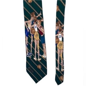 Bigelow Silk Norman Rockwell Tie Neck Basketball Stripes Green Brown Christmas